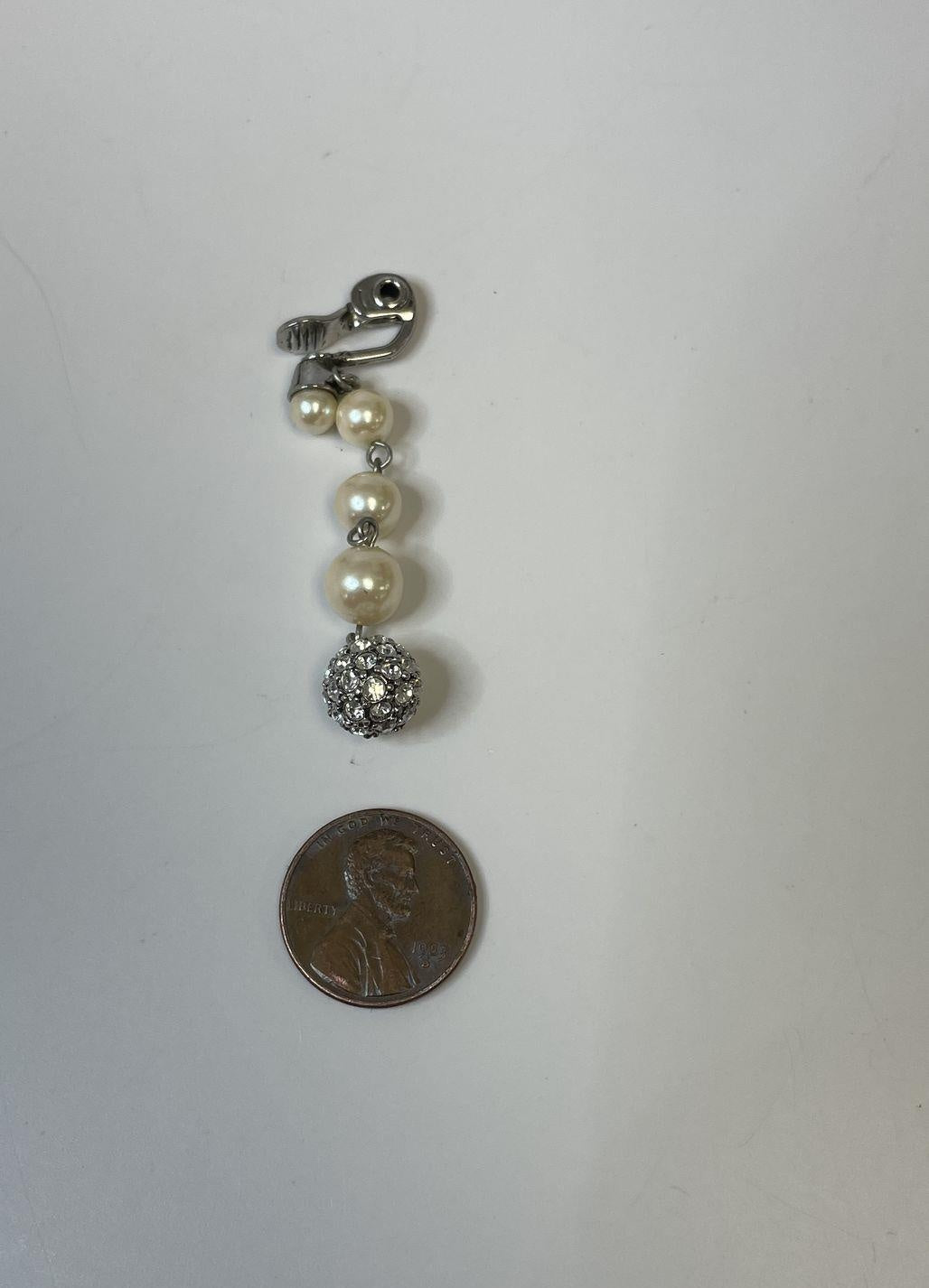 Monet Silver Tone Faux Pearl Rhinestone Beaded Dangle Clip On Earrings 10.6g