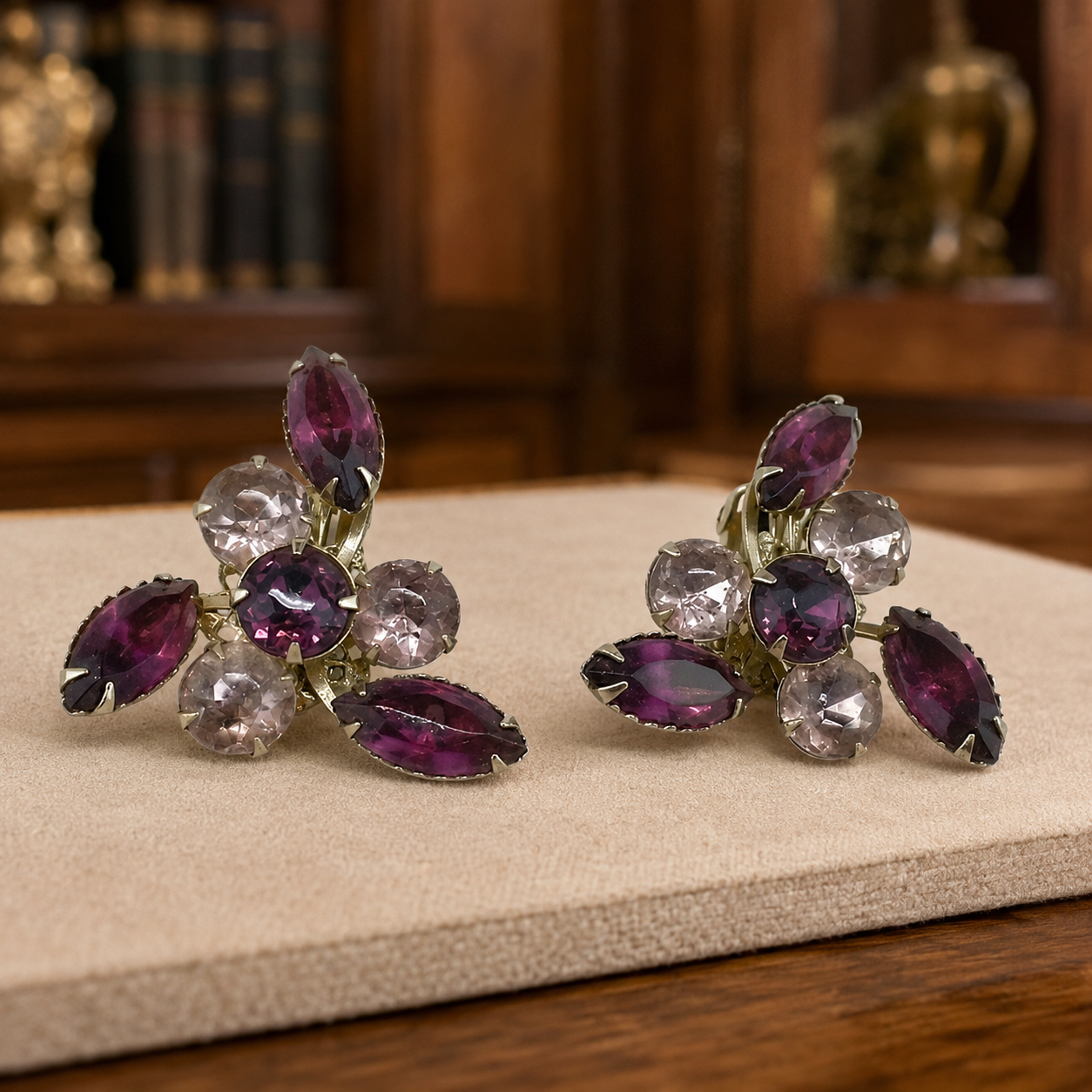 Vintage Unsigned Gold Tone Pink & Purple Rhinestone Clip On Earrings