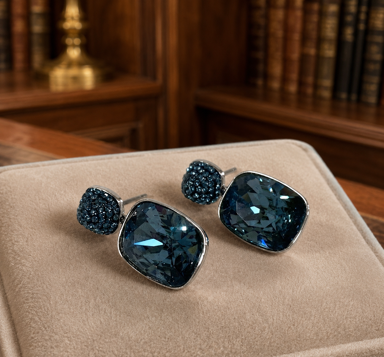Swarovski Blue Crystal Silver Tone Drop Earrings