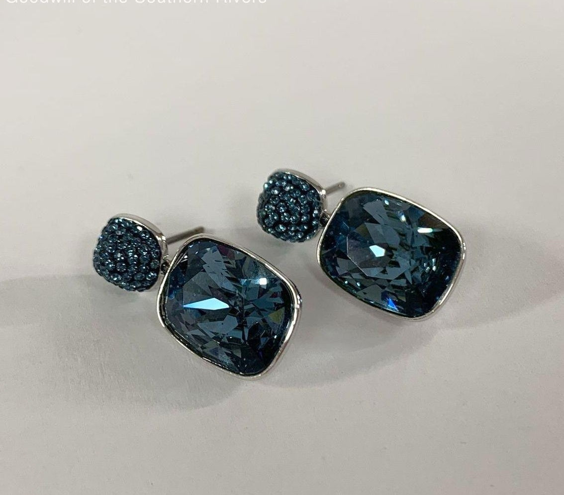 Swarovski Blue Crystal Silver Tone Drop Earrings