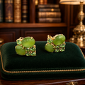Vintage Tres Jolie Gold Tone Green Cabochon Rhinestone Screw-Back Earrings