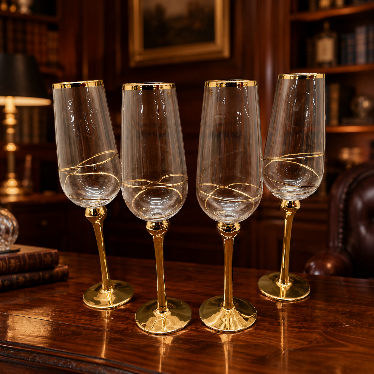 Set of 4 Z Gallerie Olympia Style Gold Gilt Champagne Flutes 12 oz Toasting Glasses