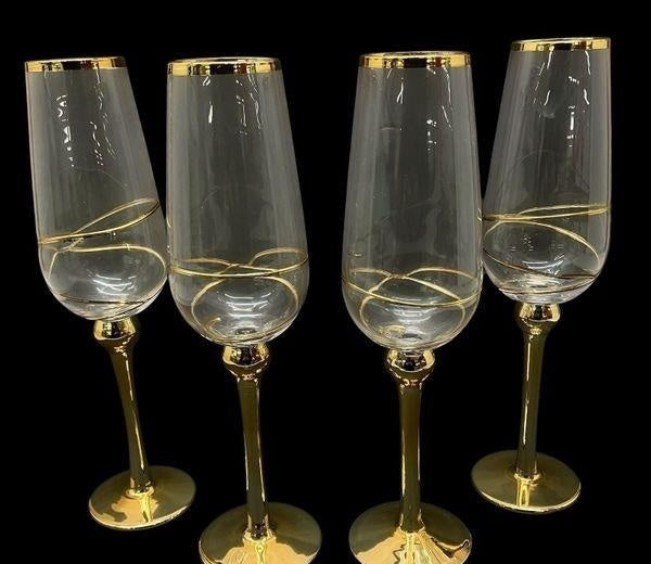 Set of 4 Z Gallerie Olympia Style Gold Gilt Champagne Flutes 12 oz Toasting Glasses