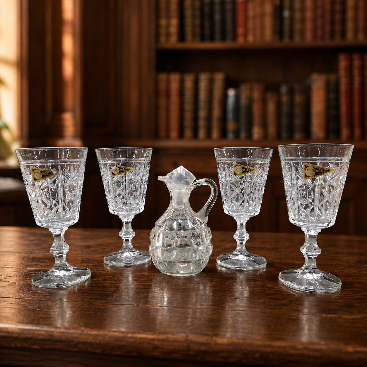 Set of 4 Italy RCR Royal Crystal Rock 24% Lead Crystal Wine Glasses and Cruet