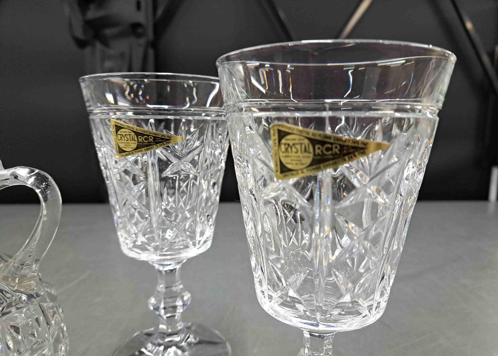Set of 4 Italy RCR Royal Crystal Rock 24% Lead Crystal Wine Glasses and Cruet