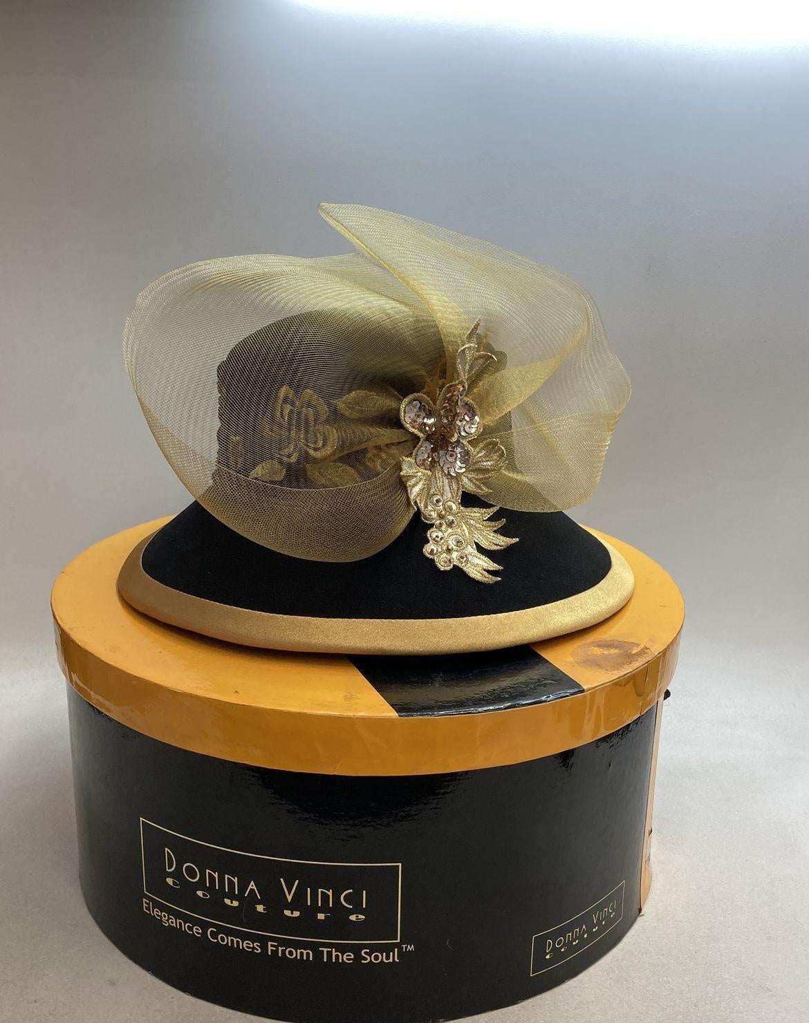 Donna Vinci Couture Women's Black Gold Sequin Floral Embroidery Pillbox Hat OS