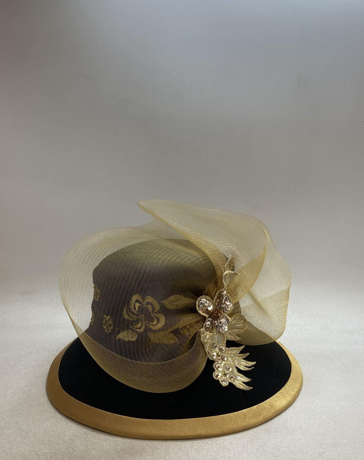 Donna Vinci Couture Women's Black Gold Sequin Floral Embroidery Pillbox Hat OS