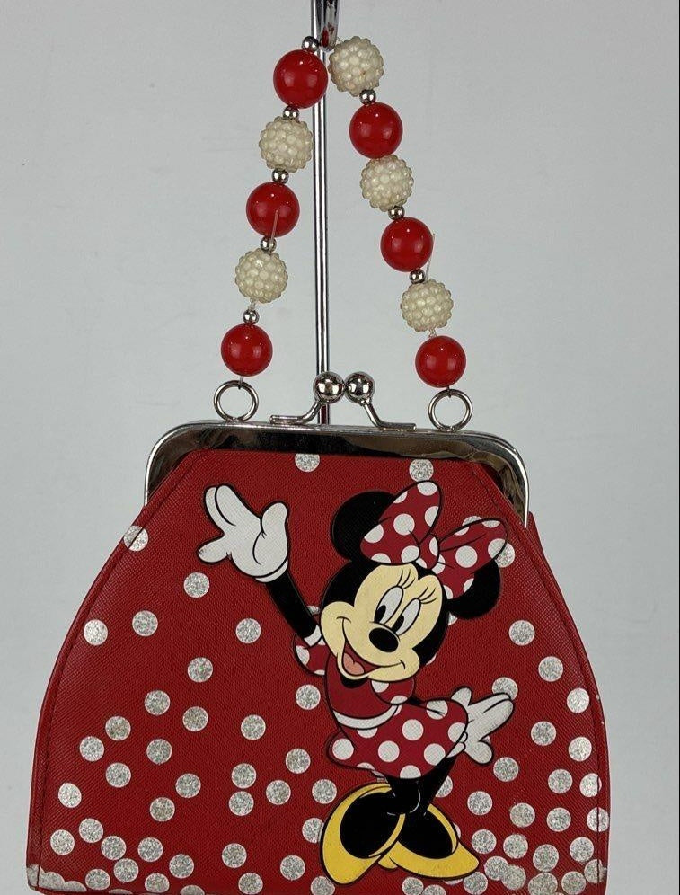 Minnie Mouse Red Polka Dot Beaded Handle Purse, Whimsical Character Shoulder Bag