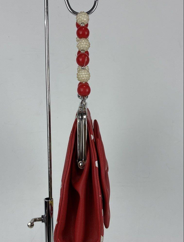 Minnie Mouse Red Polka Dot Beaded Handle Purse, Whimsical Character Shoulder Bag