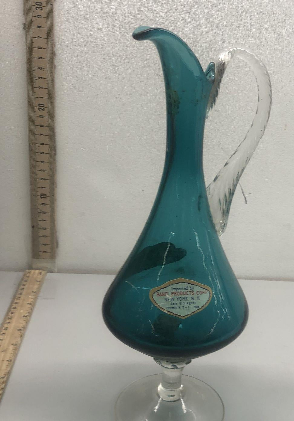 Vintage Teal Blown Glass Decanter Ewer with Clear Applied Handle, 12 Inch