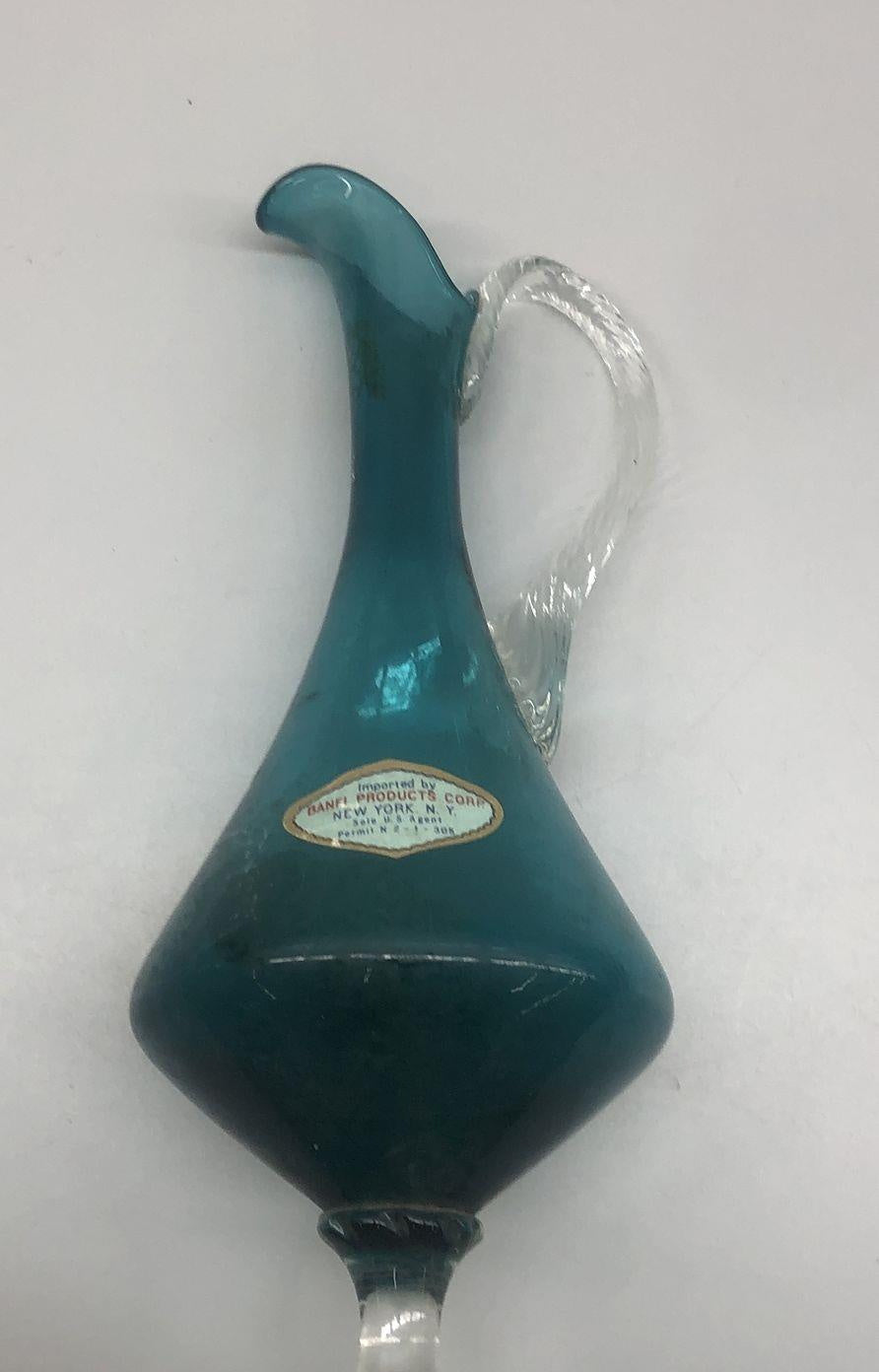Vintage Teal Blown Glass Decanter Ewer with Clear Applied Handle, 12 Inch