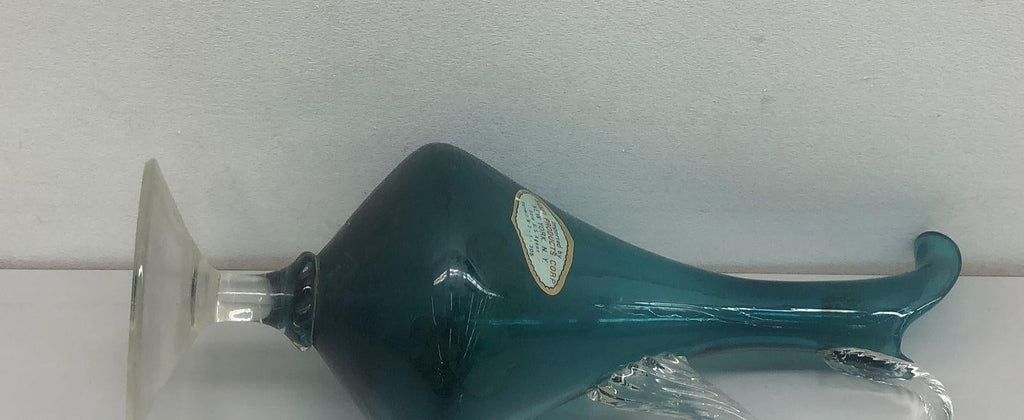 Vintage Teal Blown Glass Decanter Ewer with Clear Applied Handle, 12 Inch