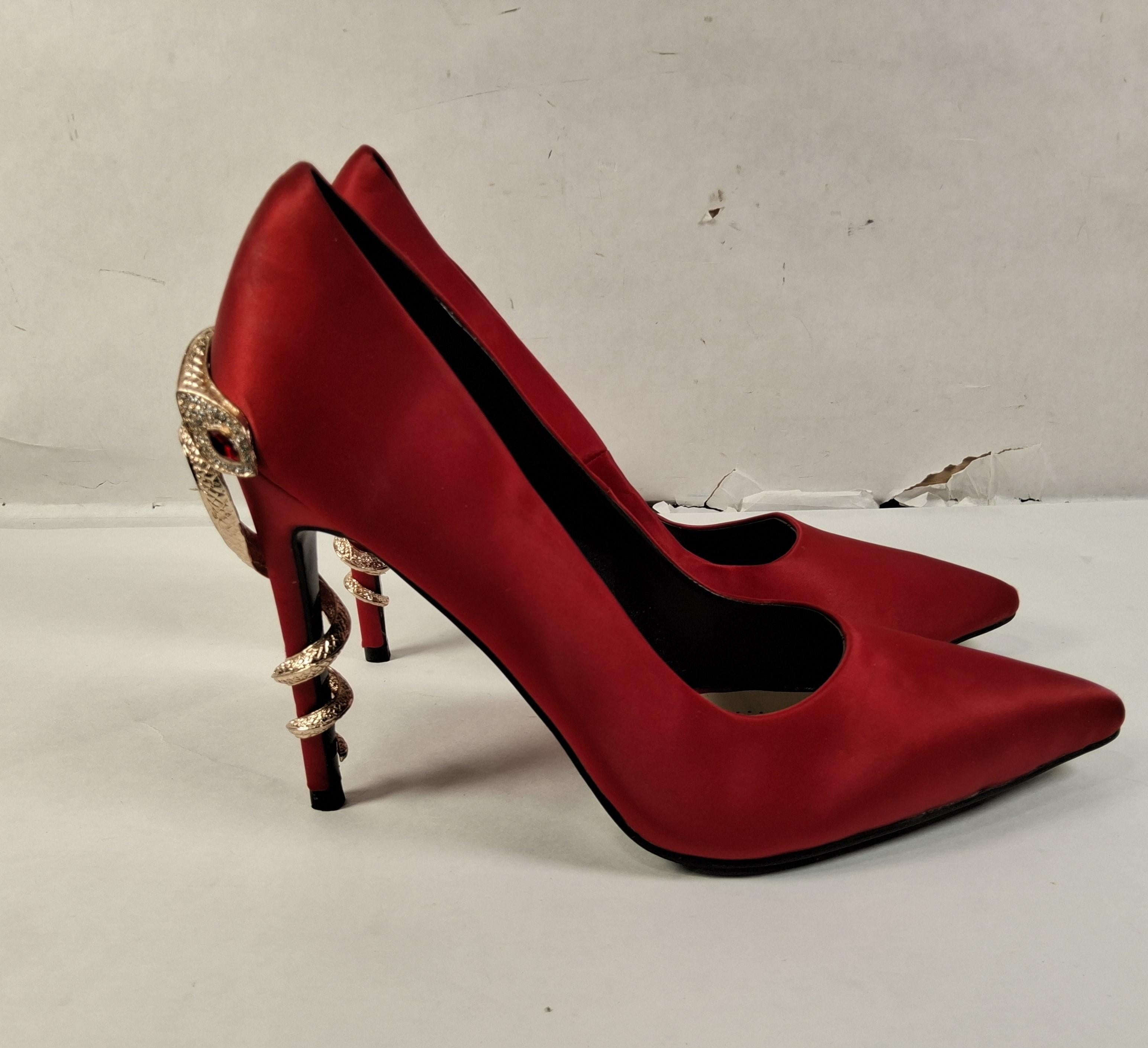 Azalea Wang Red Satin High Heel with Gold Snake Accent, Women's Size 9