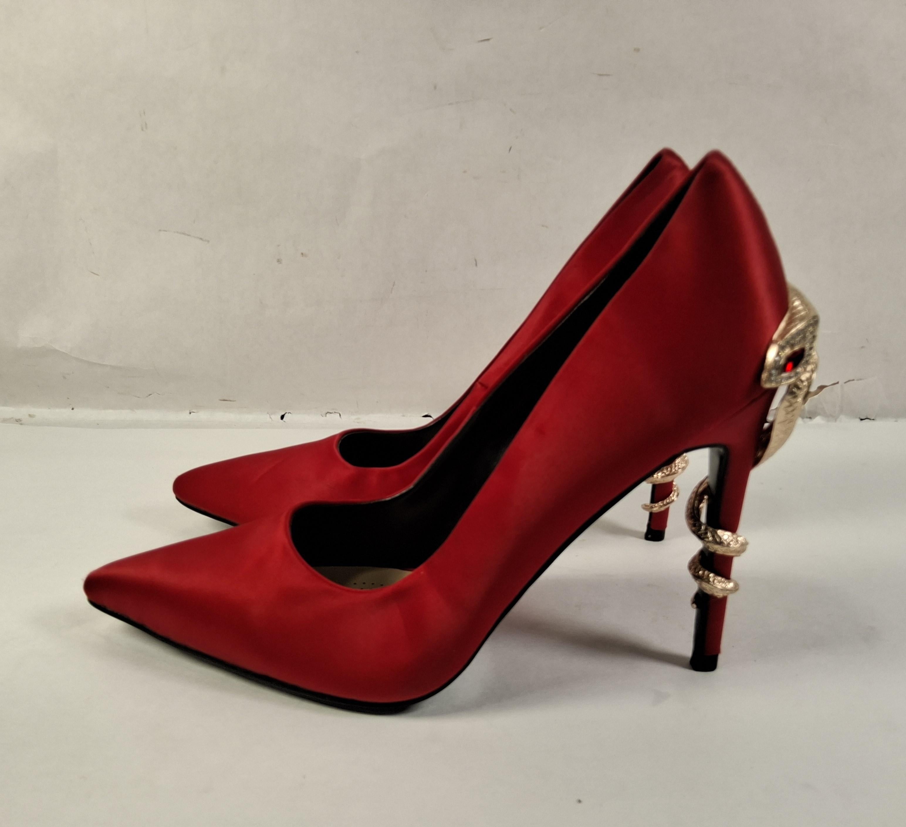 Azalea Wang Red Satin High Heel with Gold Snake Accent, Women's Size 9