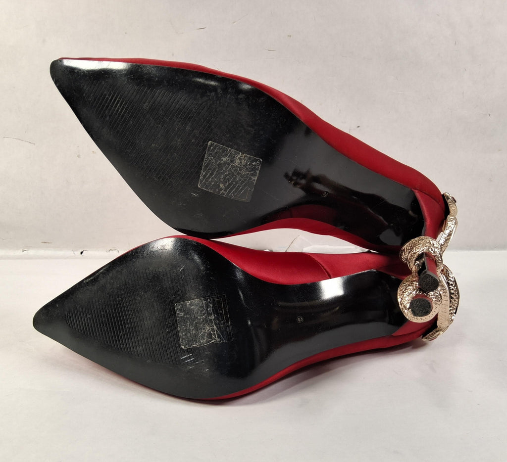 Azalea Wang Red Satin High Heel with Gold Snake Accent, Women's Size 9