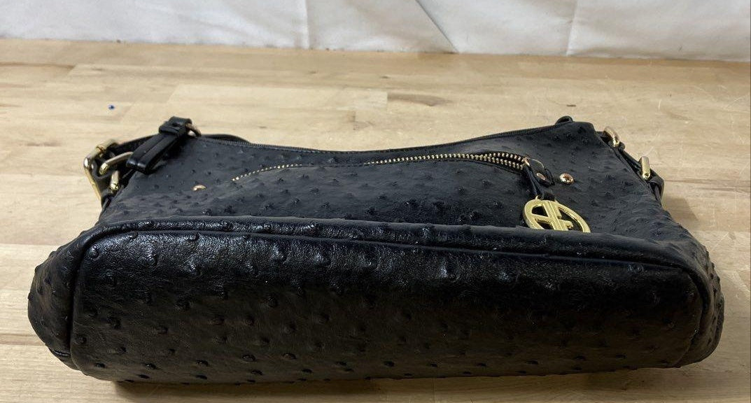 Giani Bernini Black Faux Ostrich Embossed Hobo Handbag Gold Hardware