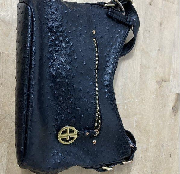 Giani Bernini Black Faux Ostrich Embossed Hobo Handbag Gold Hardware