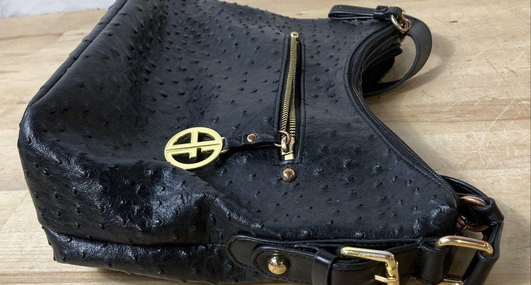 Giani Bernini Black Faux Ostrich Embossed Hobo Handbag Gold Hardware