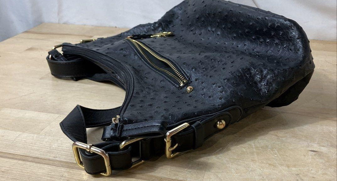 Giani Bernini Black Faux Ostrich Embossed Hobo Handbag Gold Hardware