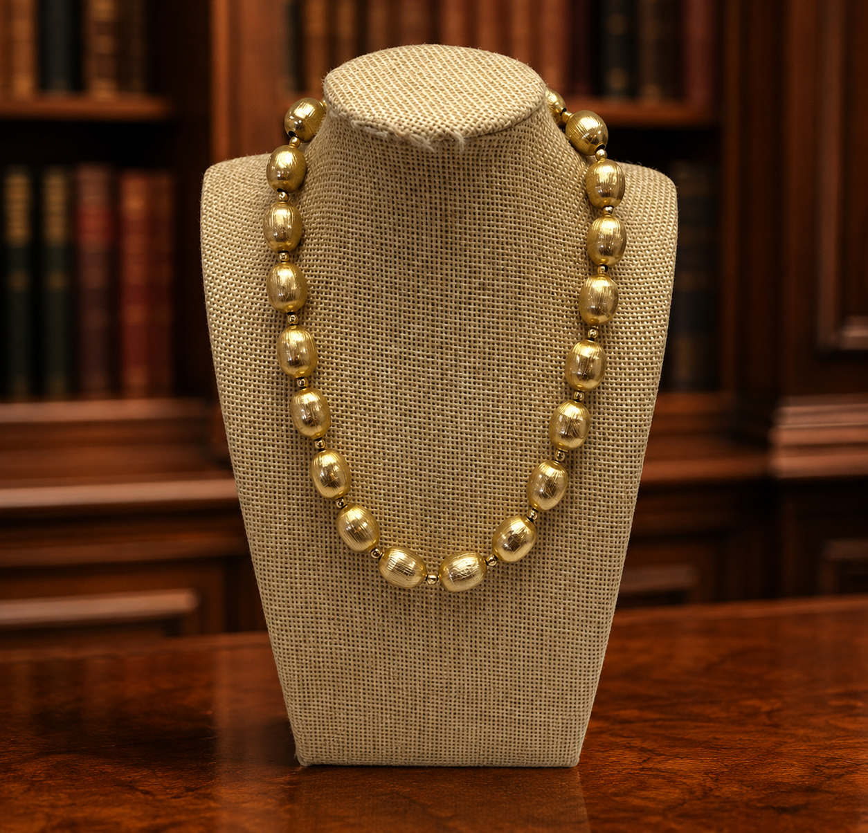 Vintage Crown Trifari Brushed Gold Tone Beaded Necklace, 38.3g