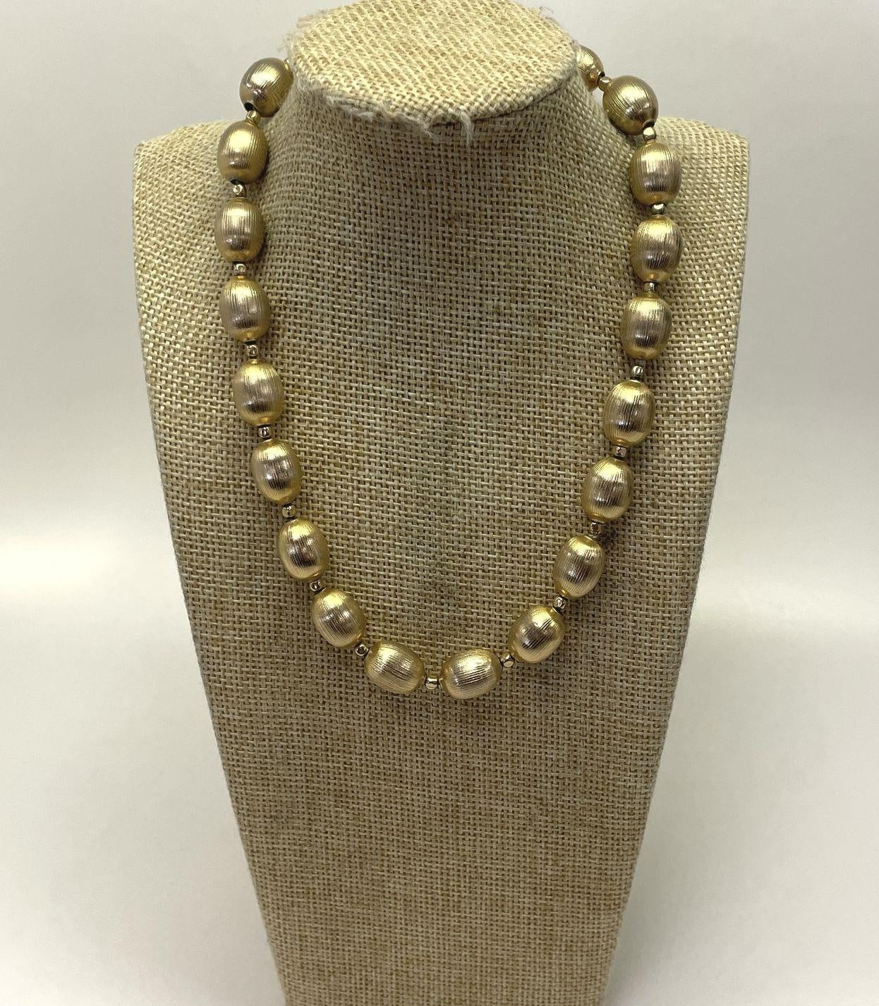 Vintage Crown Trifari Brushed Gold Tone Beaded Necklace, 38.3g