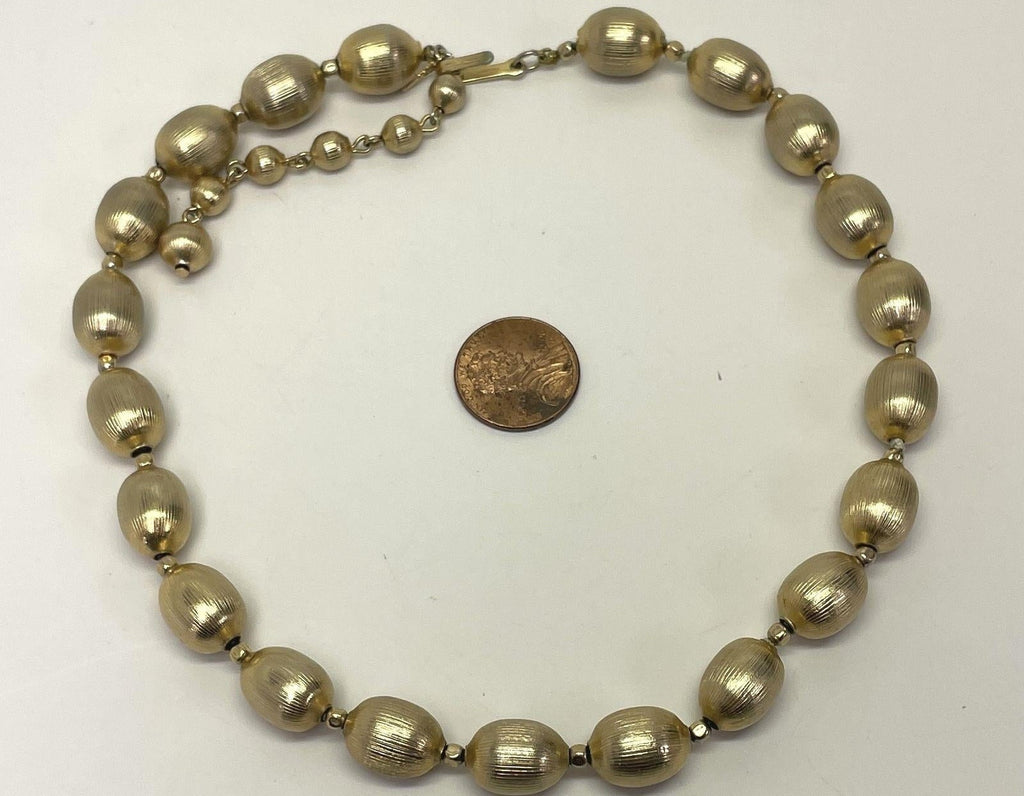 Vintage Crown Trifari Brushed Gold Tone Beaded Necklace, 38.3g