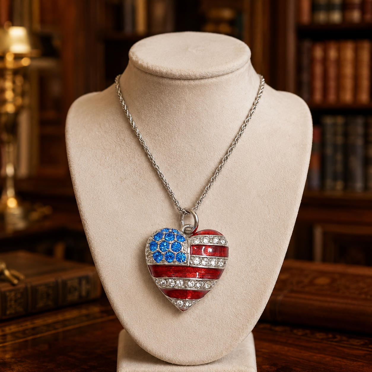 Christopher Radko Patriotic USA Flag Heart Pendant Necklace 20"