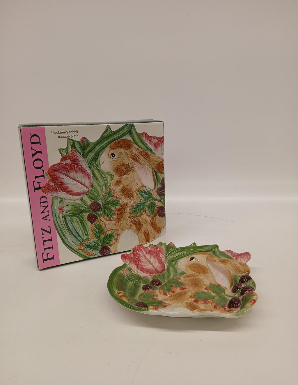 Fitz and Floyd Blackberry Rabbit Canapé Plate in Original Box | Spring Bunny Appetizer Dessert Plate