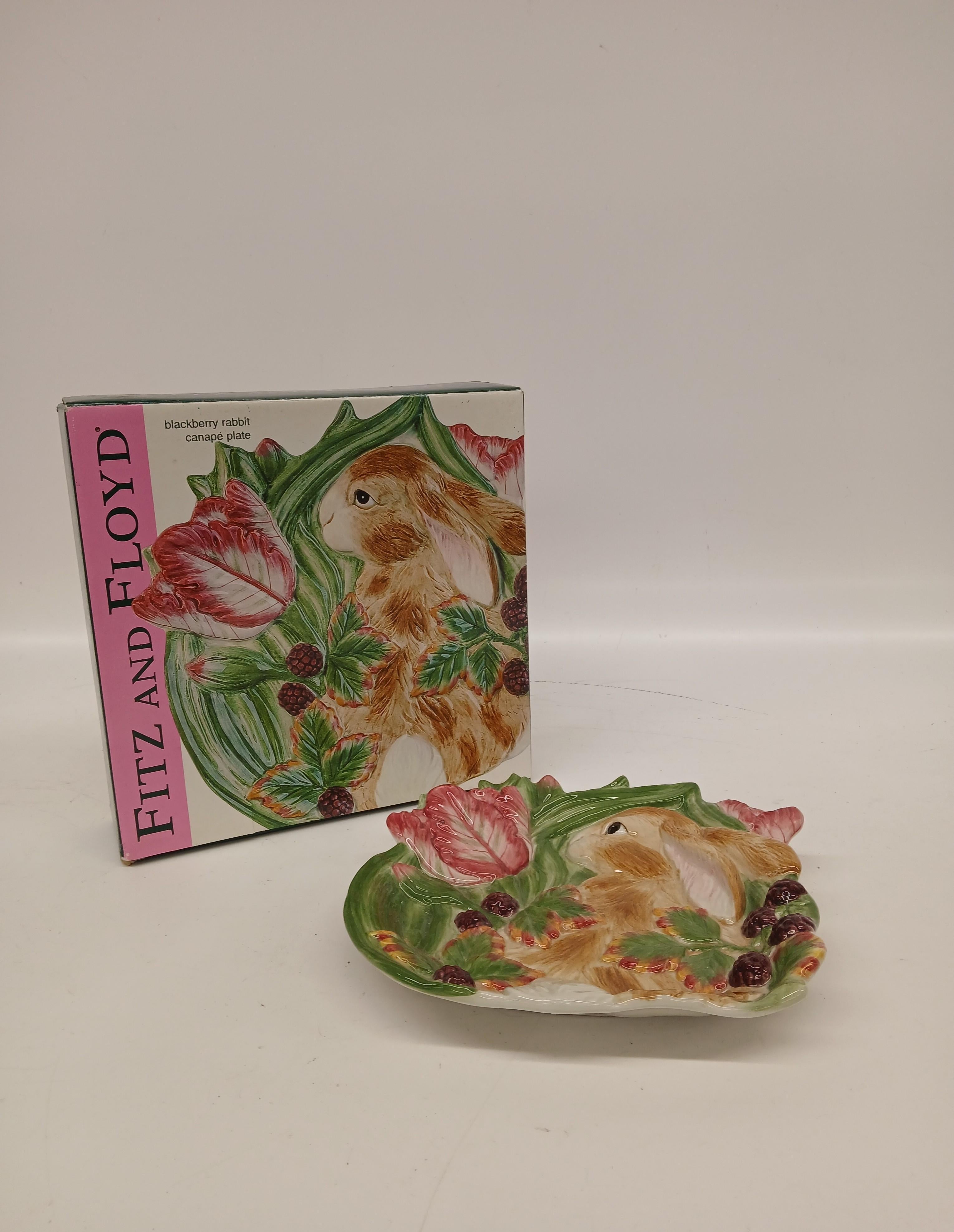 Fitz and Floyd Blackberry Rabbit Canapé Plate in Original Box | Spring Bunny Appetizer Dessert Plate