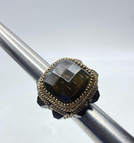 Vintage-Style Antiqued Statement Fashion Ring with Glass Stones Size 6