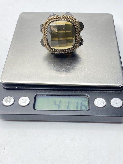 Vintage-Style Antiqued Statement Fashion Ring with Glass Stones Size 6
