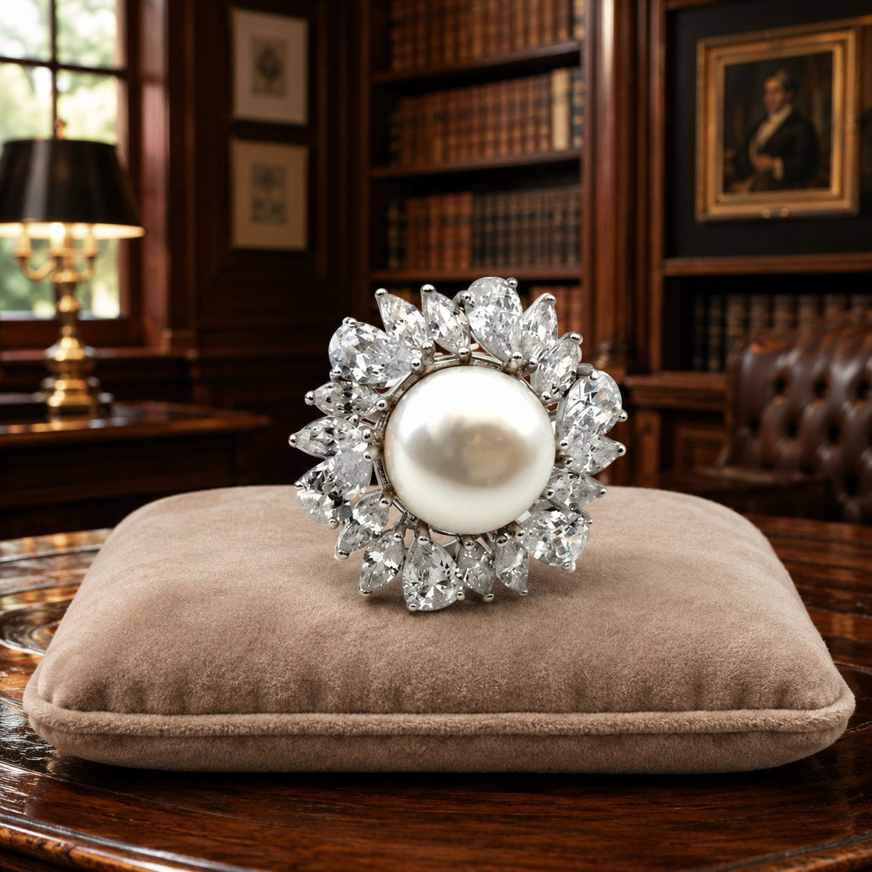 Signed 925 Silver CZ Pearl Halo Cocktail Ring Sz 4