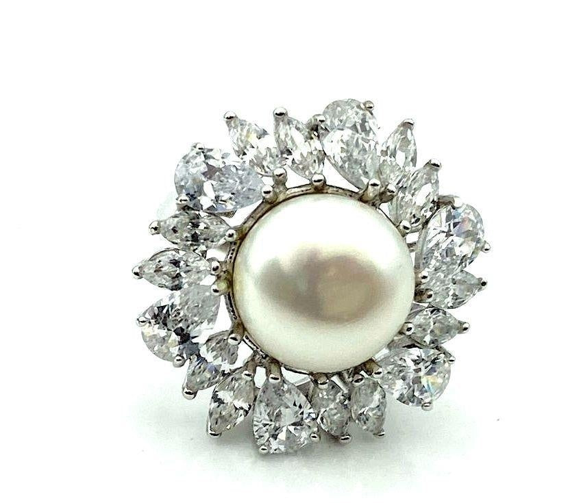 Signed 925 Silver CZ Pearl Halo Cocktail Ring Sz 4
