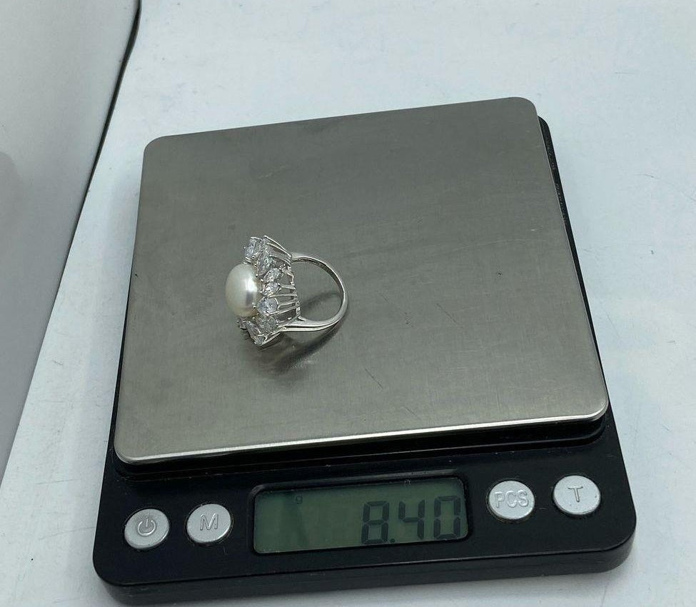 Signed 925 Silver CZ Pearl Halo Cocktail Ring Sz 4