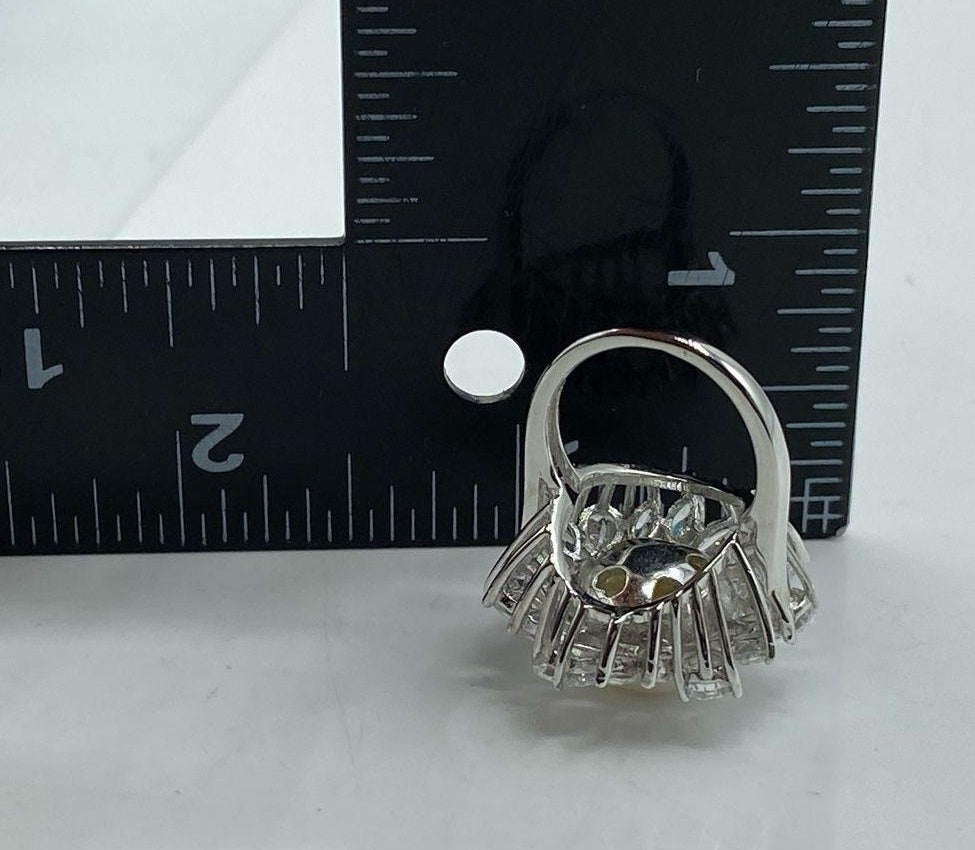 Signed 925 Silver CZ Pearl Halo Cocktail Ring Sz 4