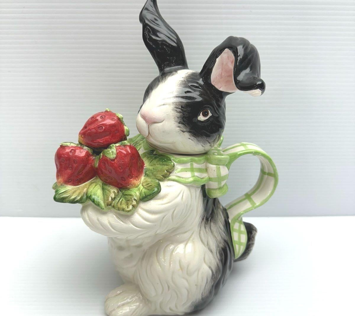 Vintage Kaldun & Bogle Painted Rabbit With Strawberries Decorative Ceramic Teapot