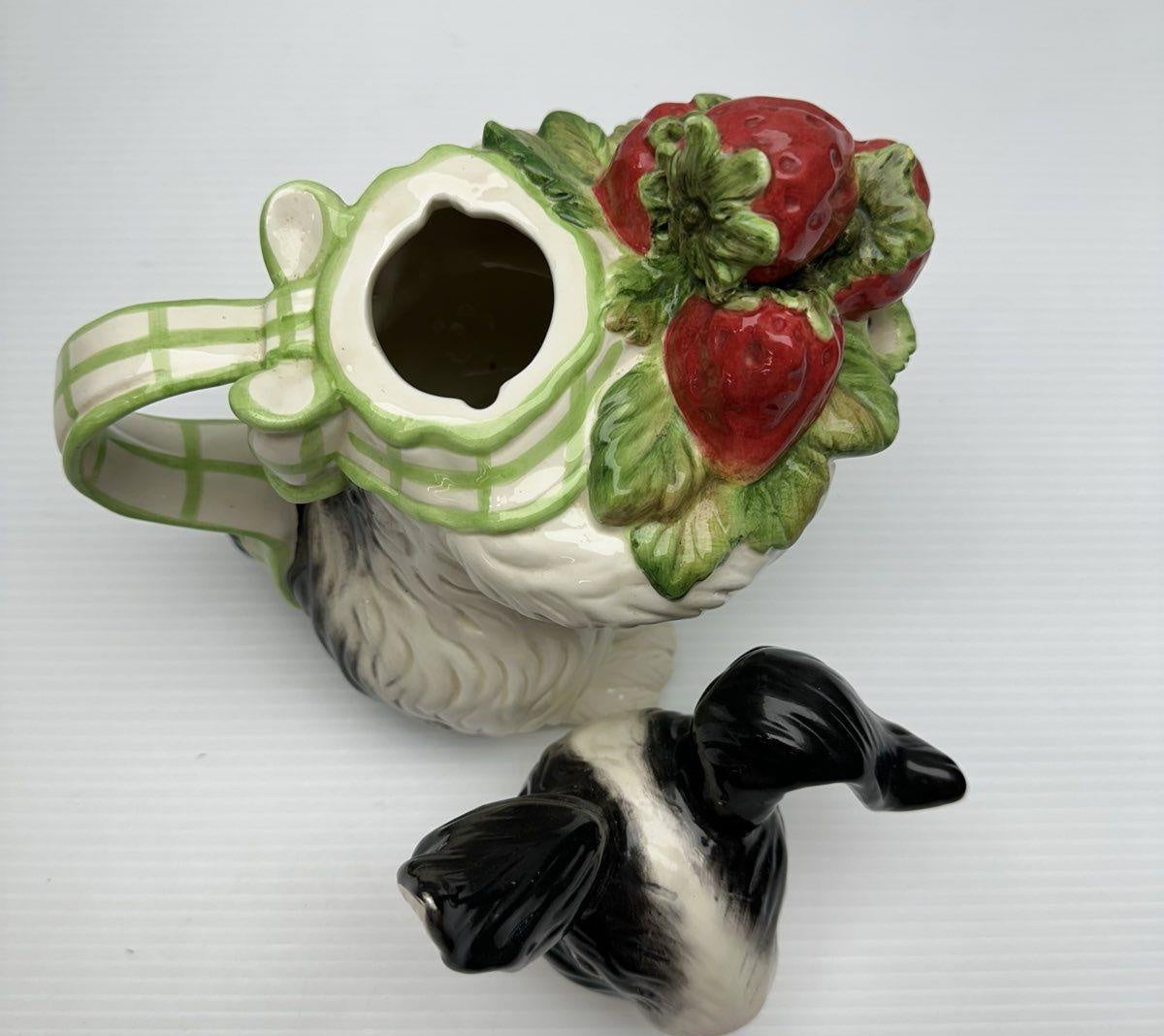 Vintage Kaldun & Bogle Painted Rabbit With Strawberries Decorative Ceramic Teapot