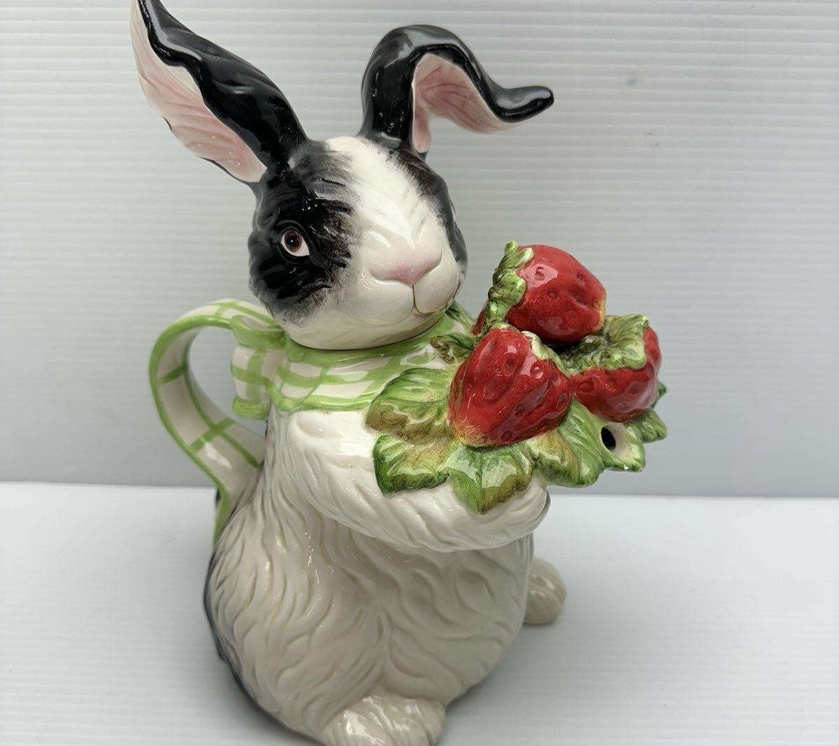 Vintage Kaldun & Bogle Painted Rabbit With Strawberries Decorative Ceramic Teapot