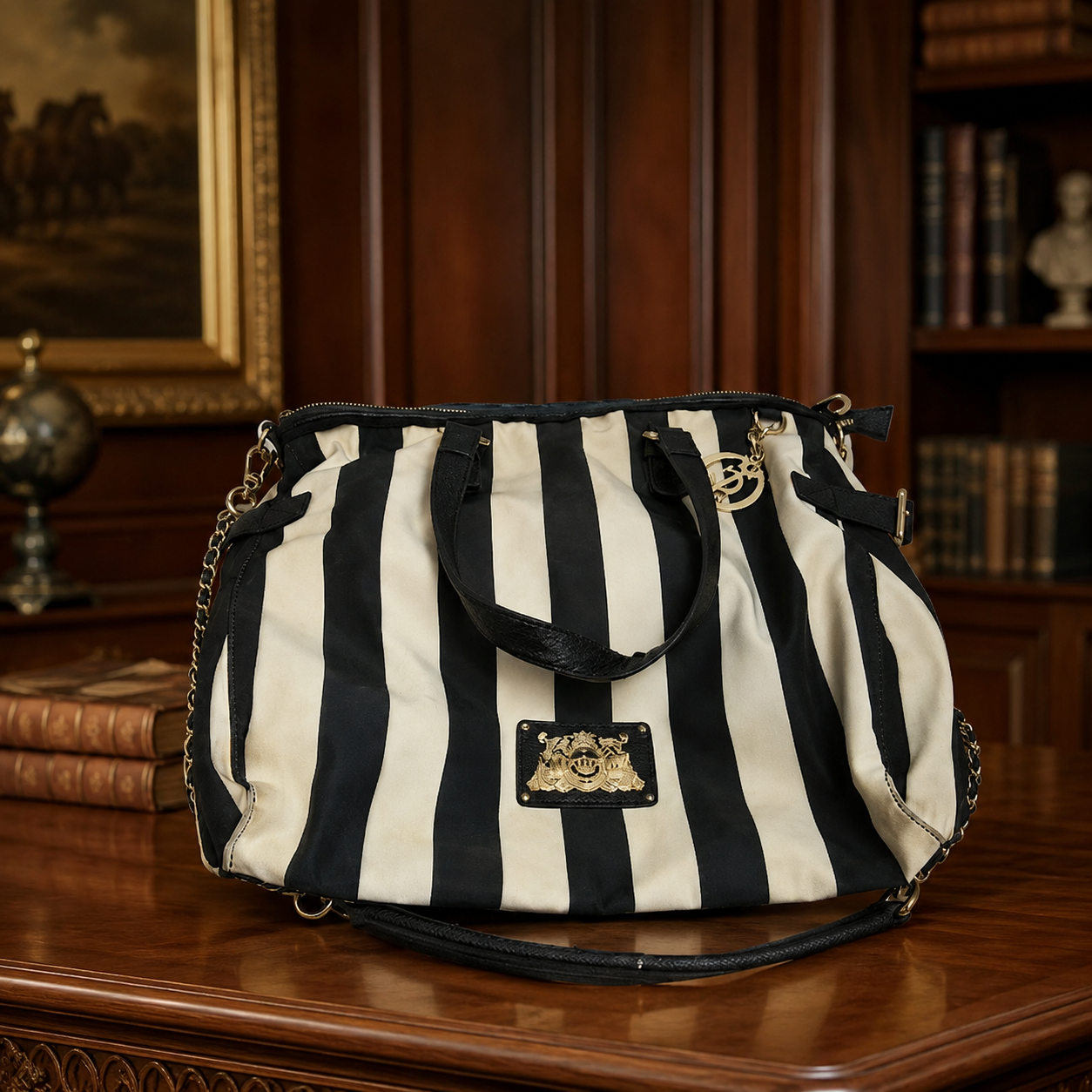 Black and White Striped Tote Bag with Gold Accents