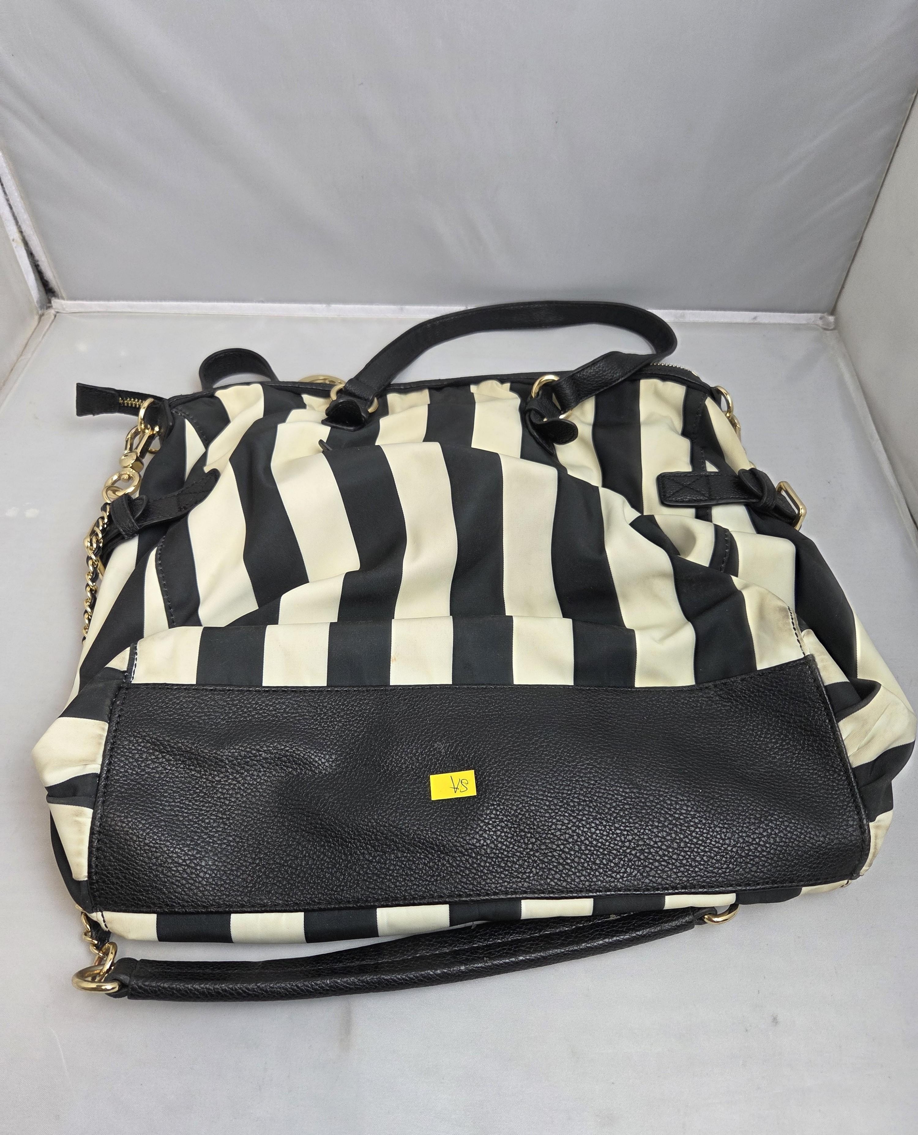 Black and White Striped Tote Bag with Gold Accents