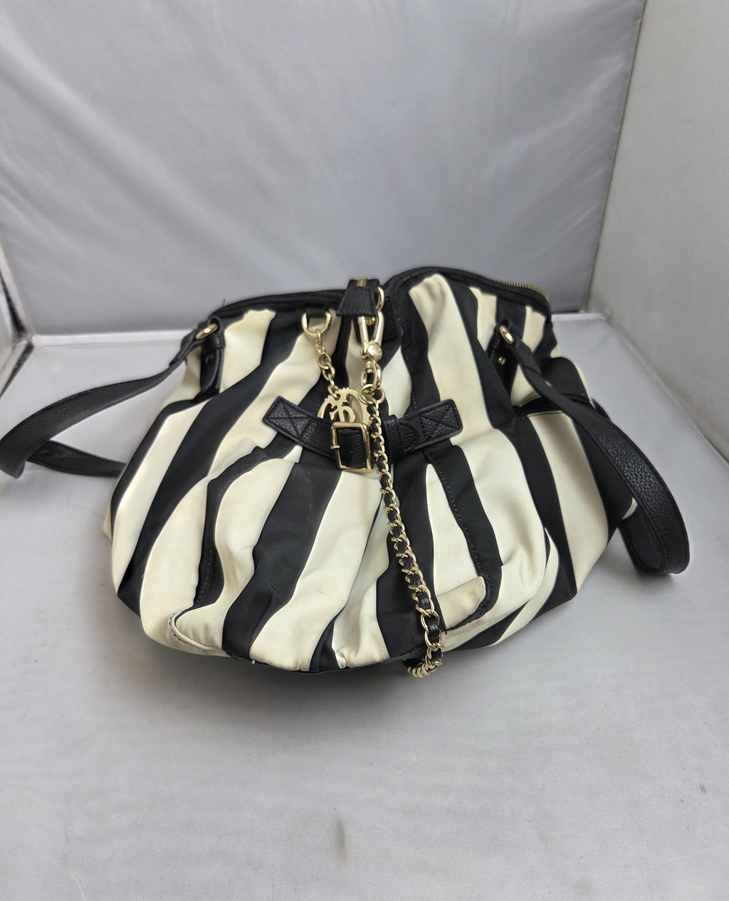 Black and White Striped Tote Bag with Gold Accents