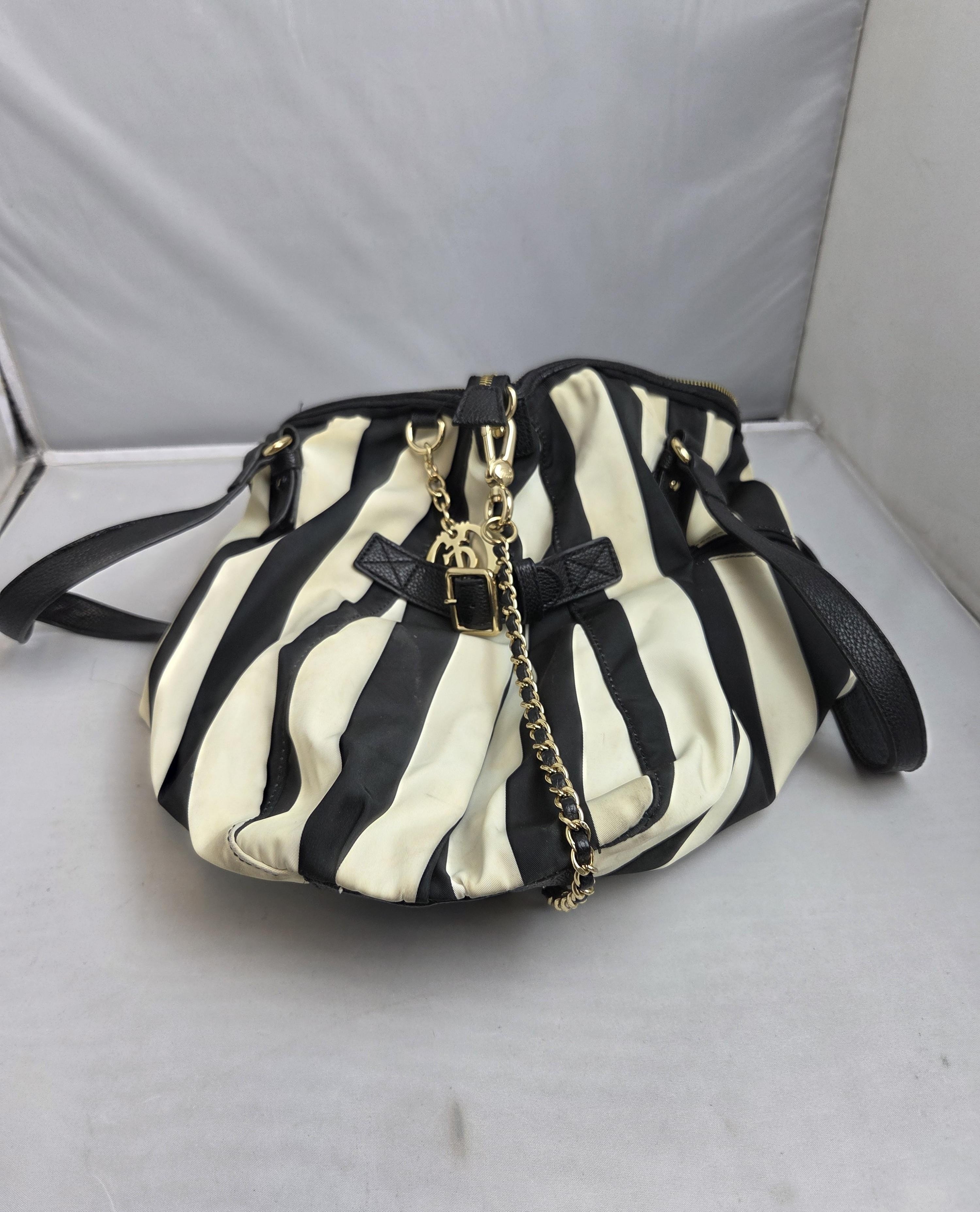 Black and White Striped Tote Bag with Gold Accents
