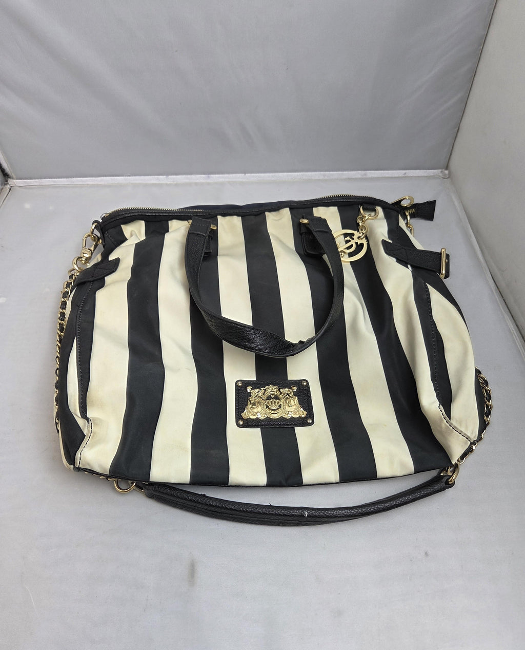 Black and White Striped Tote Bag with Gold Accents