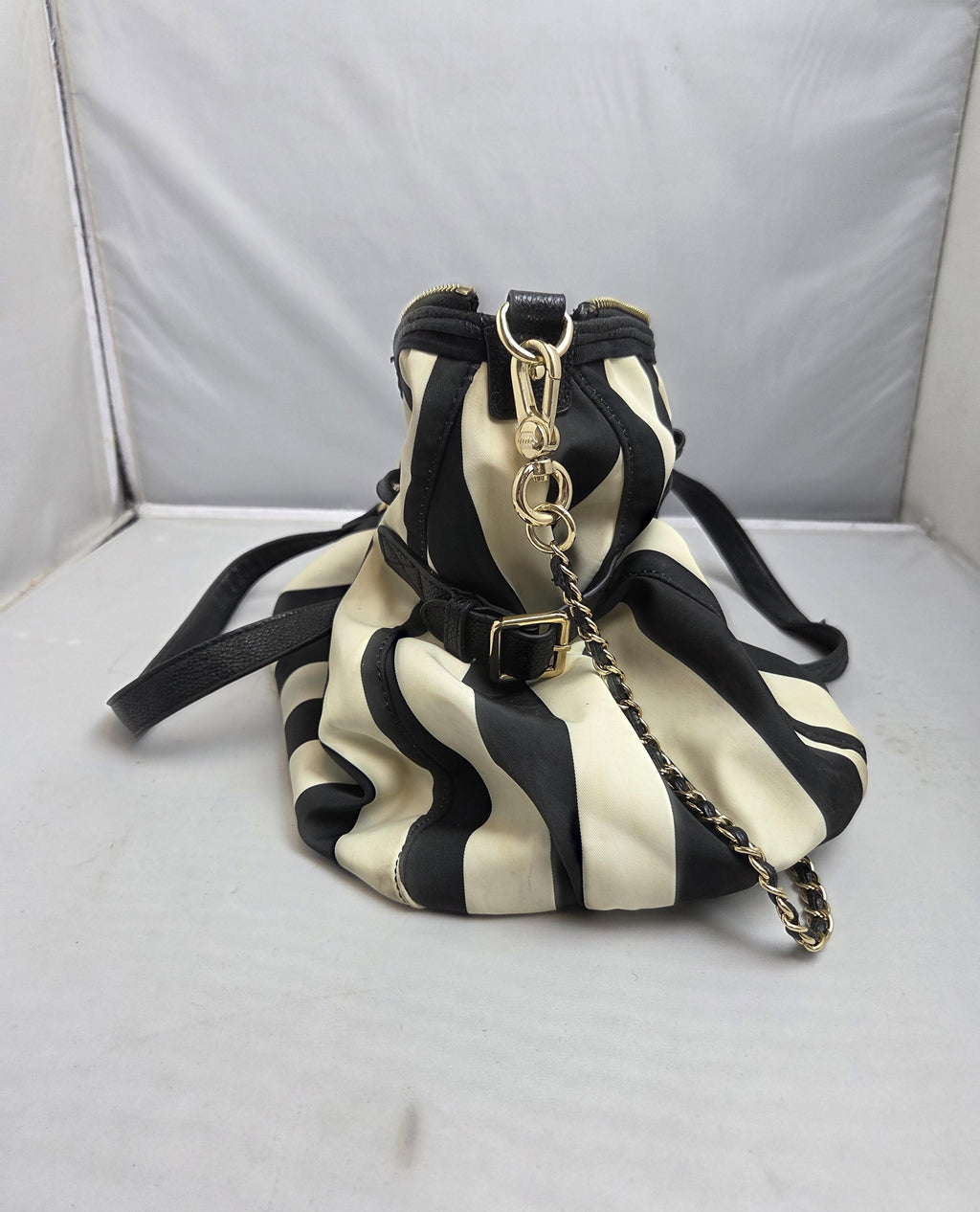 Black and White Striped Tote Bag with Gold Accents