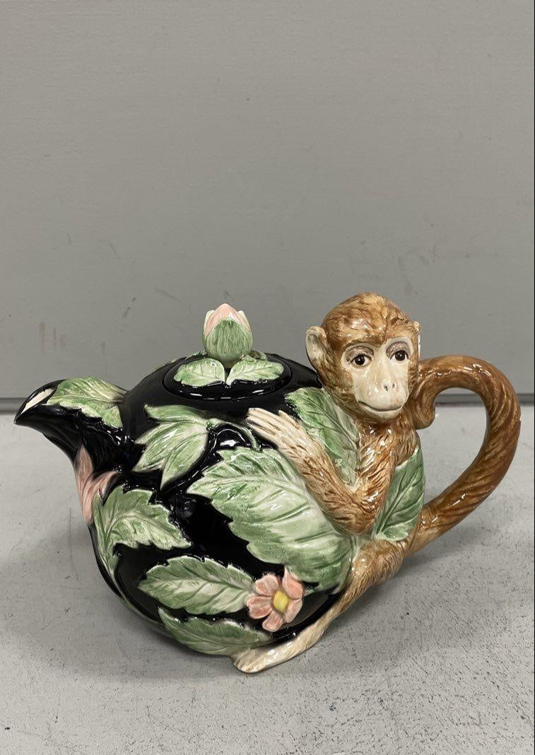 Fitz & Floyd Rain Forest Majolica Monkey Teapot 1986 Ceramic 32oz Vintage
