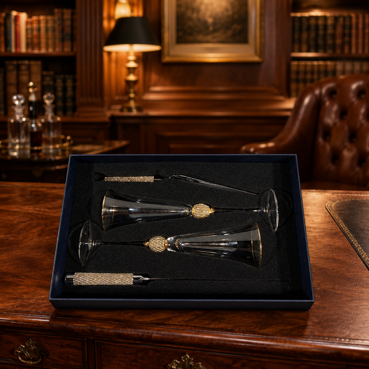 Trinkware Rhinestone and Gold-Rimmed Wedding Champagne Flute and Cake Server Set