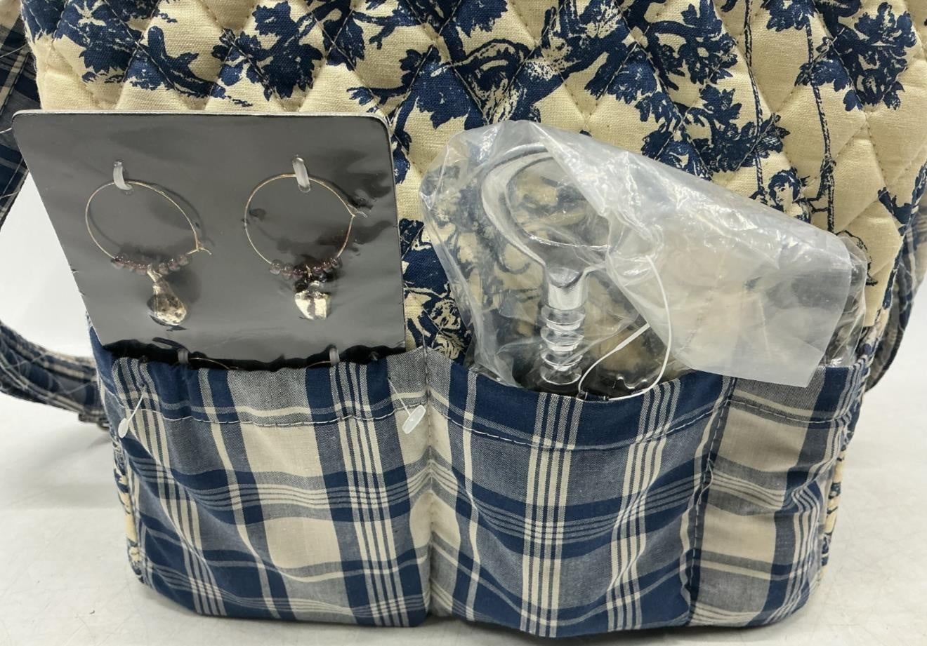 Quilted Wine Carrier with Glasses, Earrings, and Corkscrew Set