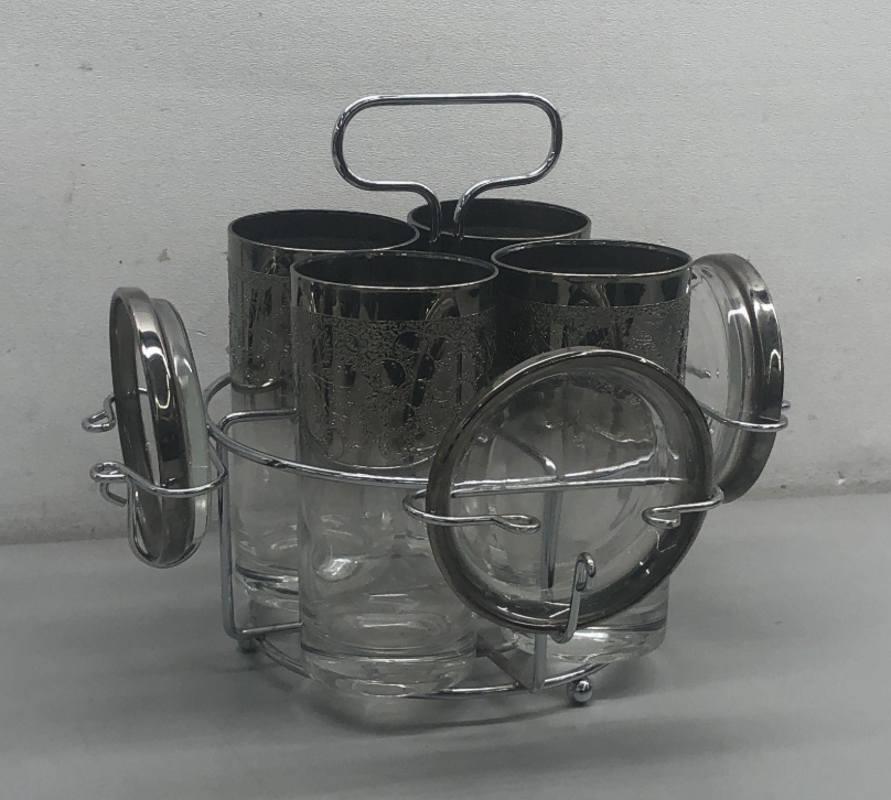 Vintage Mid-Century Silver Fade Highball Glass Set with Caddy & Coasters | 9-Piece Barware Set