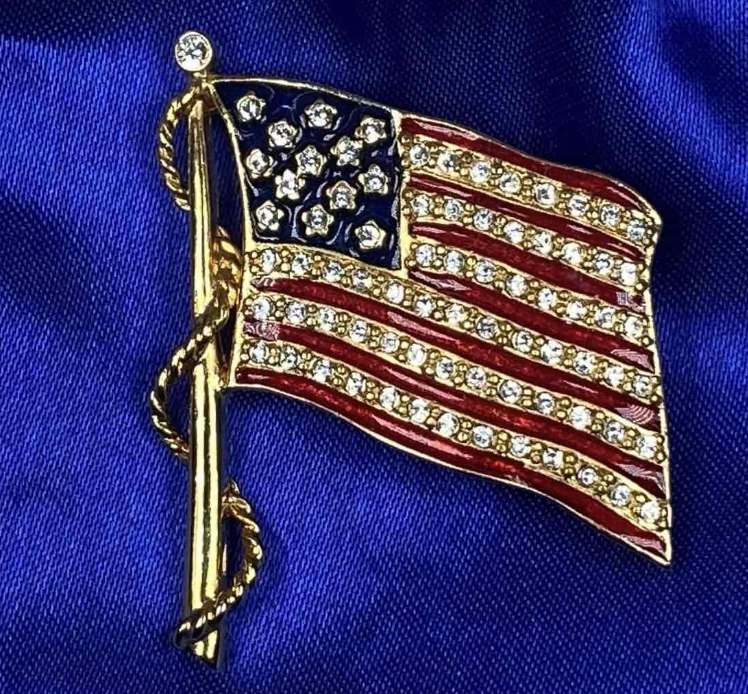 Vintage JBK Camrose and Kross American Flag Brooch, Patriotic Crystal Enamel Pin