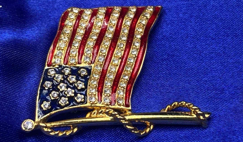 Vintage JBK Camrose and Kross American Flag Brooch, Patriotic Crystal Enamel Pin